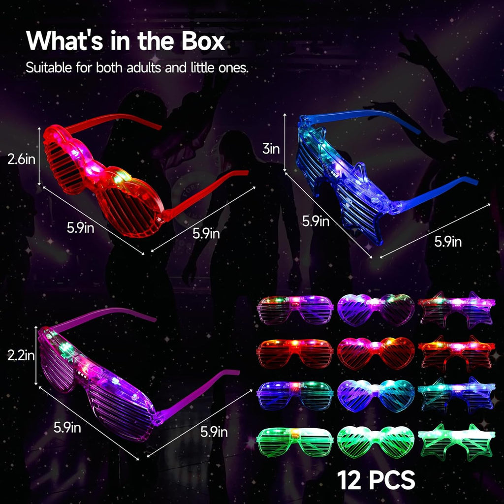 LED Glasses, 3 Shapes Shutter Shades, 4 Colors, Glow in The Dark Party Favors F204