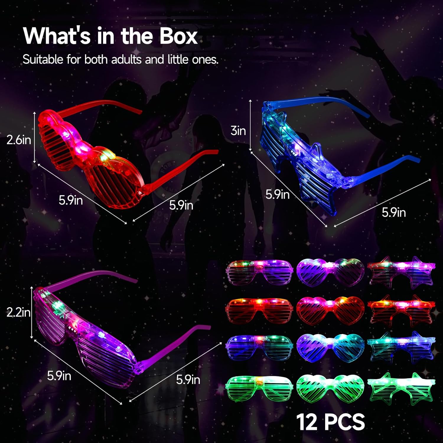LED Glasses, 3 Shapes Shutter Shades, 4 Colors, Glow in The Dark Party Favors F204