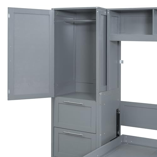 Queen Size Murphy Bed Wall Bed with Closet and Drawers, Foldable Platform Bed K658611