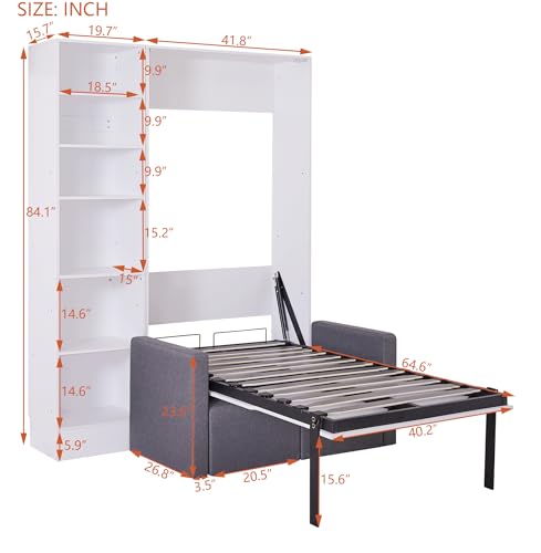 Murphy Bed Queen Size with Cushion, Foldable Sofa Bed Frame with Slat Support, White C2974