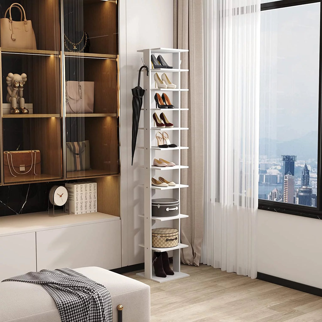 10-Tier Vertical Shoe Rack with Hanging Hooks, Slim Wooden Shoe Organizer K8858