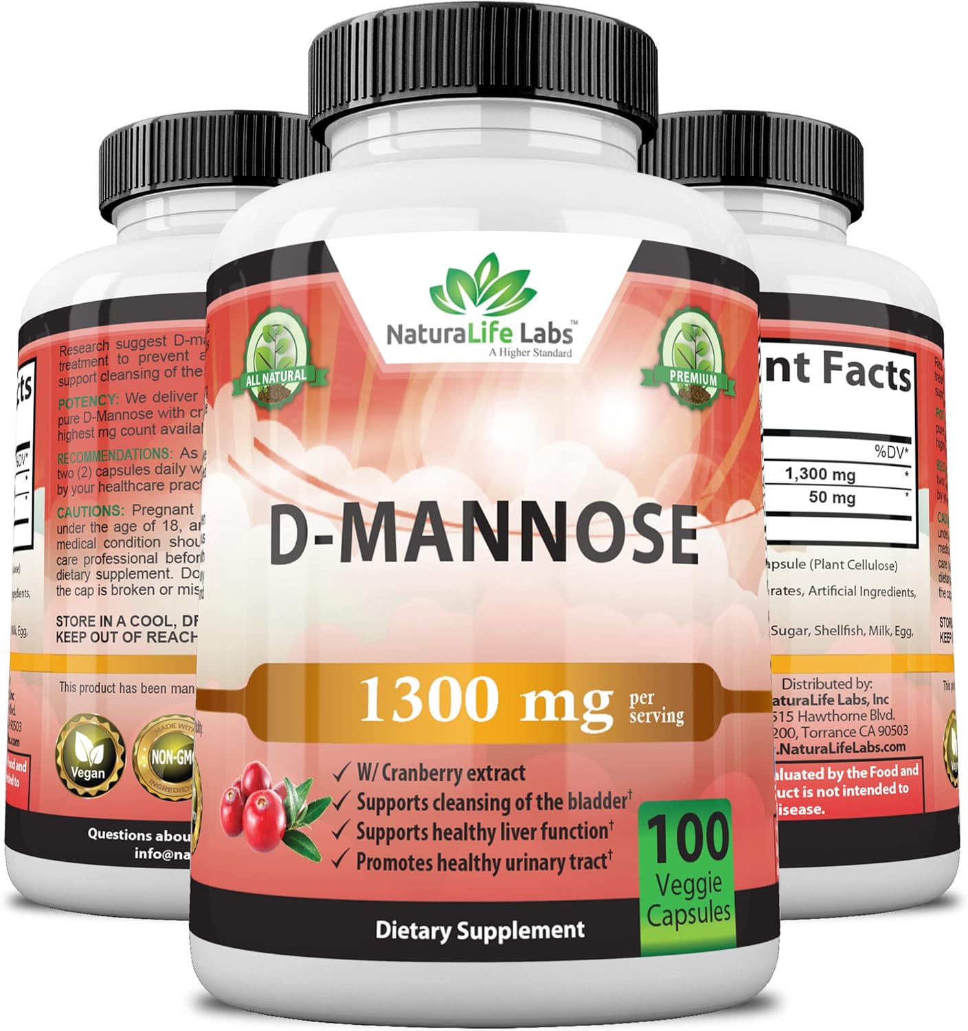 D-Mannose 1,300 mg with Cranberry Extract, 100 Veggie Capsules F8854