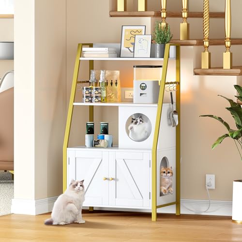 Cat Litter Box Enclosure with Shelves and Charging Station, Wooden Cabinet, Gold White Q367997