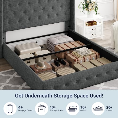 Full Size Lift Up Storage Bed with Wingback Headboard, Hydraulic Support, Light Beige P736605