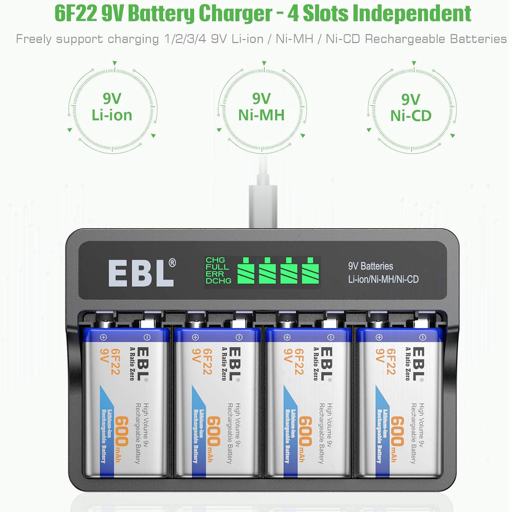 9V Rechargeable Batteries 4-Pack with LCD Smart Charger V11199