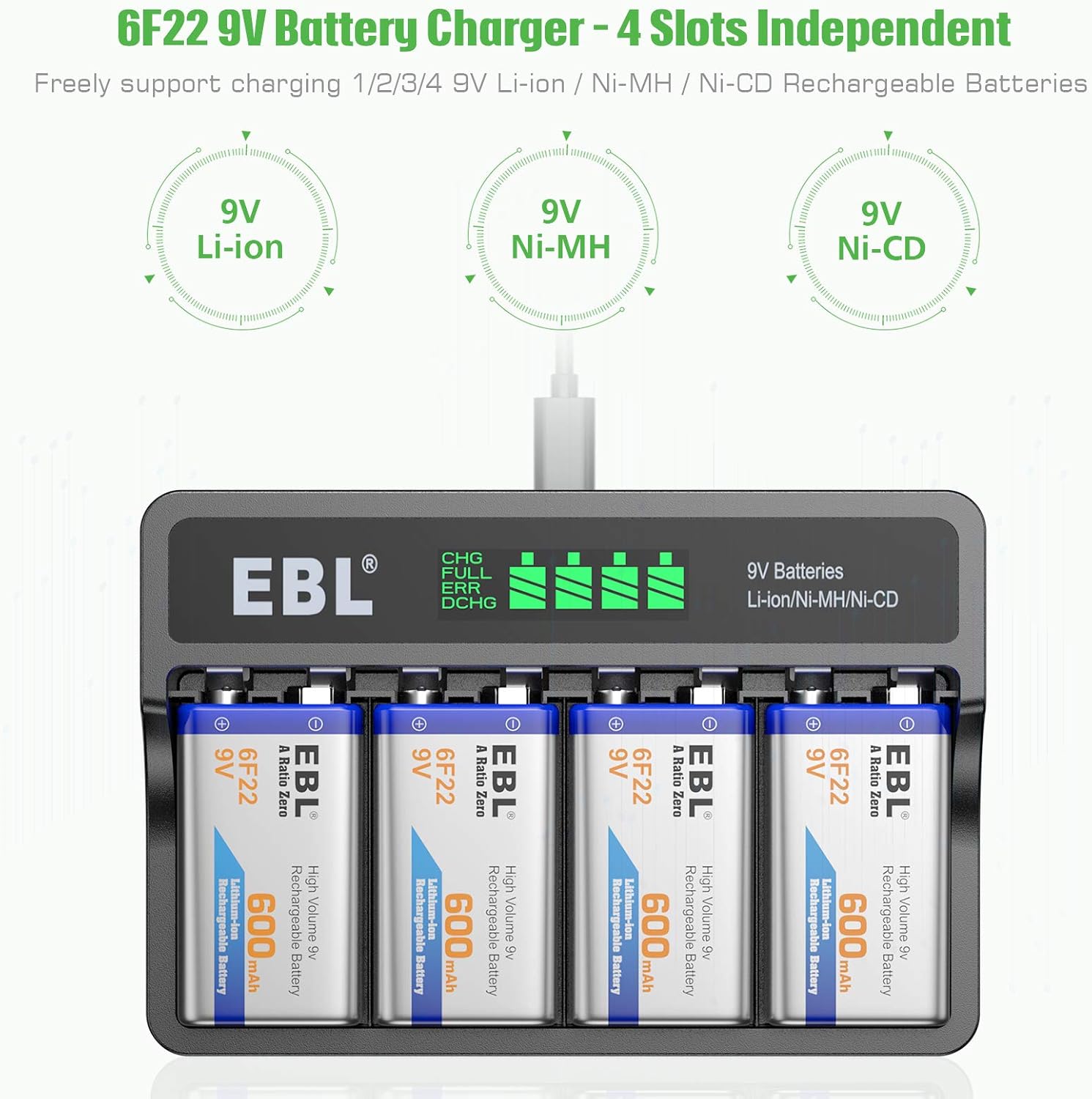 9V Rechargeable Batteries 4-Pack with LCD Smart Charger V11199