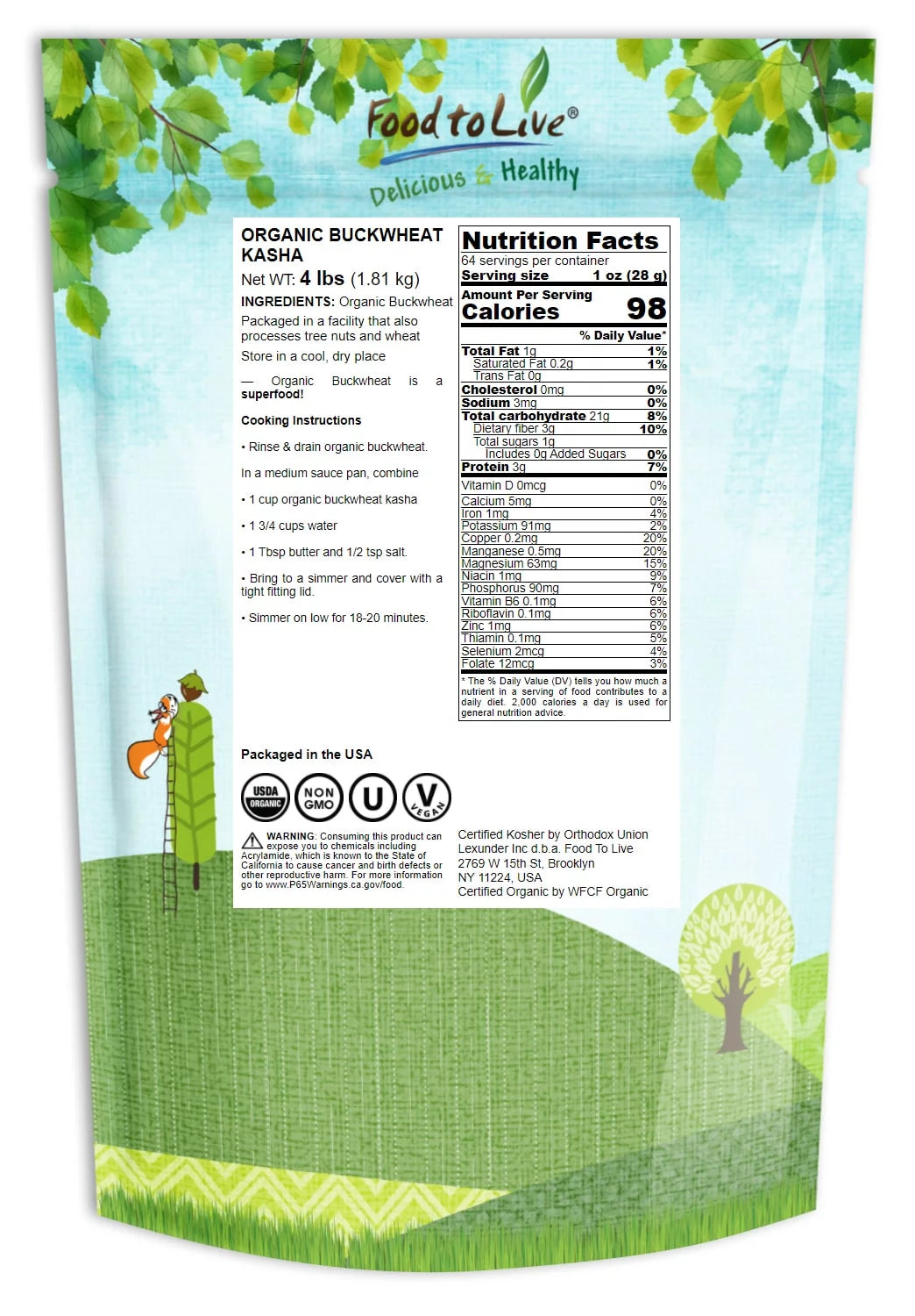 Organic Buckwheat Kasha, 4 Pounds, Non-GMO, Kosher, Vegan K6666