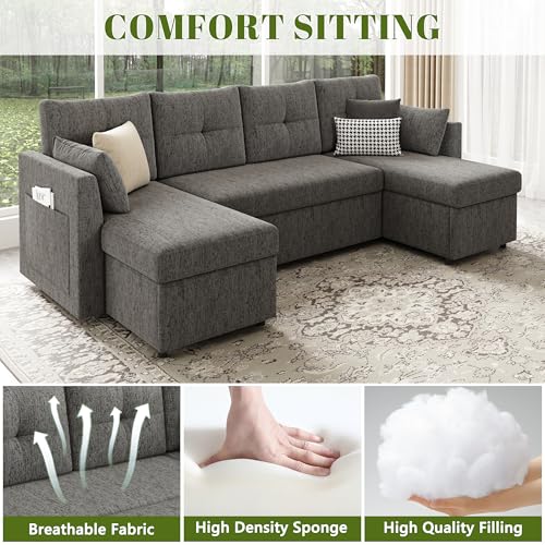 Oversized Sleeper Sofa Couch with Double Storage Chaise, Dark Grey B422253