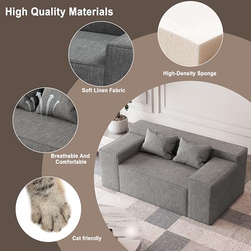 Small Sofa Loveseat with 2 Pillows, Cat-Scratch Resistant Linen, Grey K916760