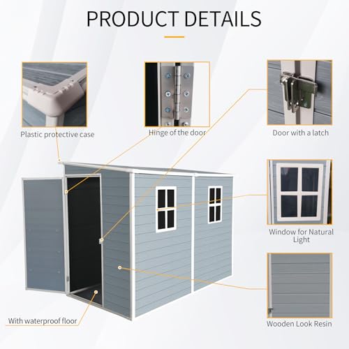 Outdoor Resin Storage Shed with Floor, 2 Windows, Lockable Double Door, Grey N19926