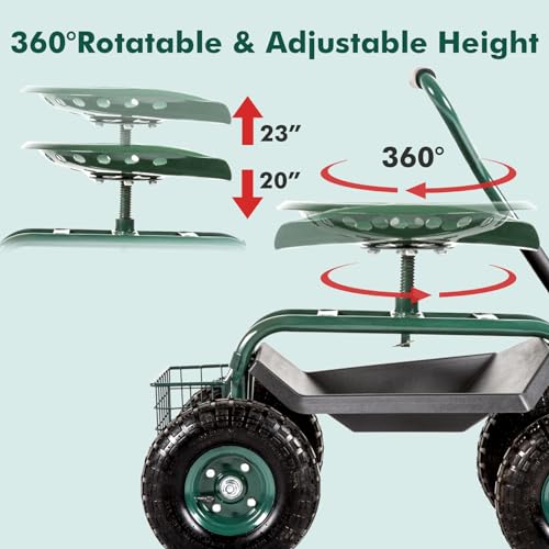 Garden Cart with Rolling Work Seat Tool Tray and Storage Basket on Wheels O137