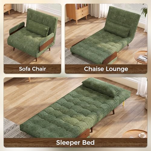 Convertible Chair Bed Sleeper for Adults, Linen with Wooden Arms & Pillows, Foldable Single Futon Sofa Bed Q683821