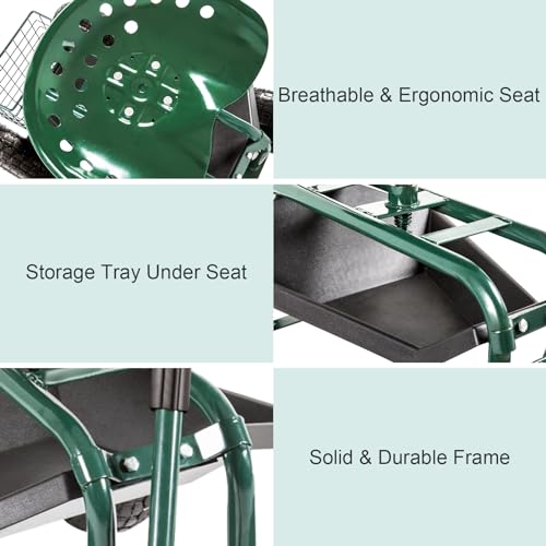 Garden Cart with Rolling Work Seat Tool Tray and Storage Basket on Wheels O137