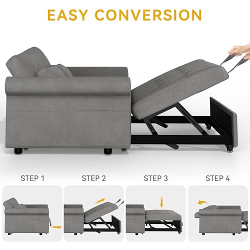 Sleeper Sofa Bed 3-in-1 Convertible Couch with Pullout Bed, 55'' Loveseat with Reclining Backrest, 2 Pillows and Storage Bag, Blue Gray H2215