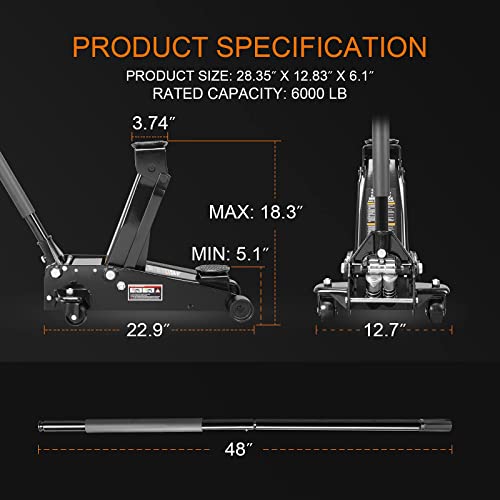 Hydraulic Low Profile Steel Racing Floor Jack, 3 Ton Capacity E136