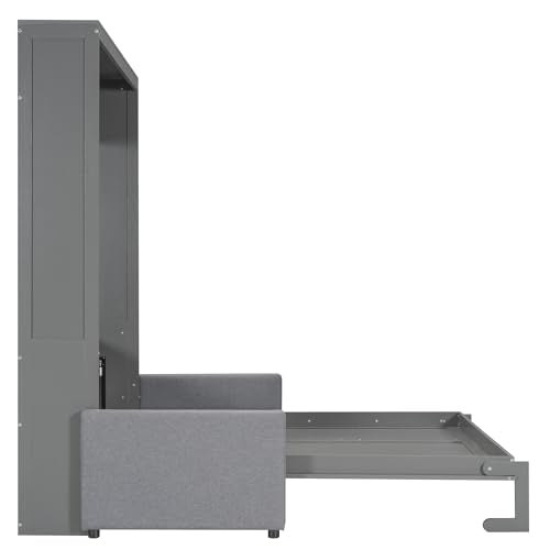 Murphy Bed Queen Size with Cushion, Foldable Sofa Bed Frame with Slat Support, White C2974