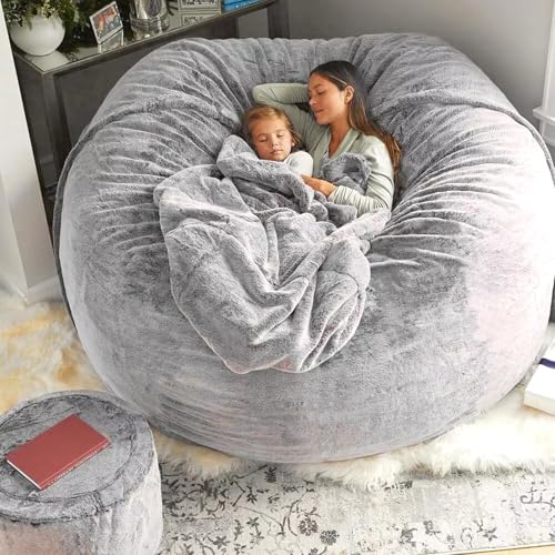 Oversize Round Fluffy Bean Bag Chair Cover for Adults Kids, 6FT Light Grey Y80106
