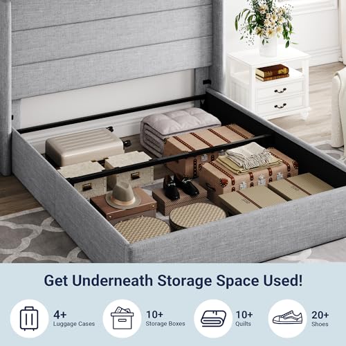 Full Size Lift Up Storage Bed with Wingback Headboard, Hydraulic Support, Light Beige P736605
