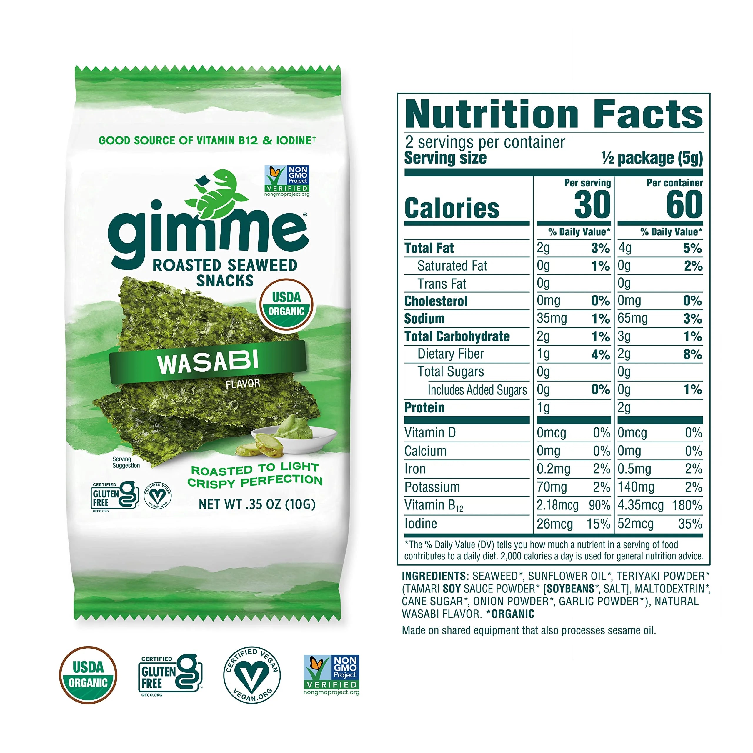 Organic Roasted Seaweed Sheets, Wasabi, 12 Count, Keto Snack F87924