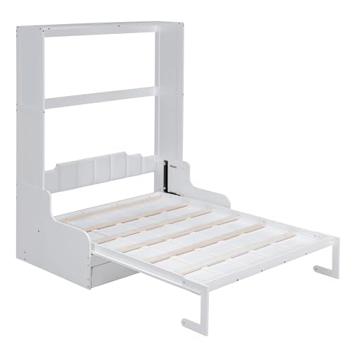 Murphy Bed Queen Size with Cushion, Foldable Sofa Bed Frame with Slat Support, White C2974