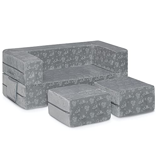 Convertible Sofa & Play Set for Kids and Toddlers with 2 Ottomans, Grey J8536