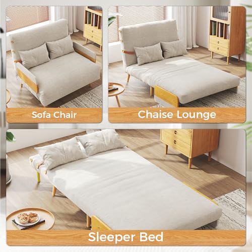 Convertible Chair Bed Sleeper for Adults, Linen with Wooden Arms & Pillows, Foldable Single Futon Sofa Bed Q683821