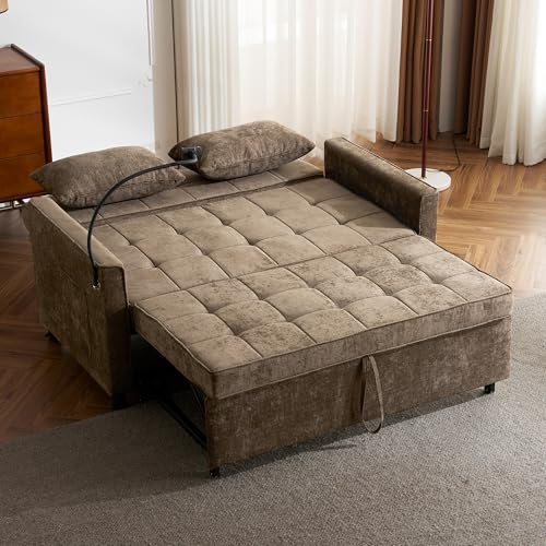 3 in 1 Convertible Sleeper Sofa Bed with USB Ports, Reversible Backrest, Brown C746