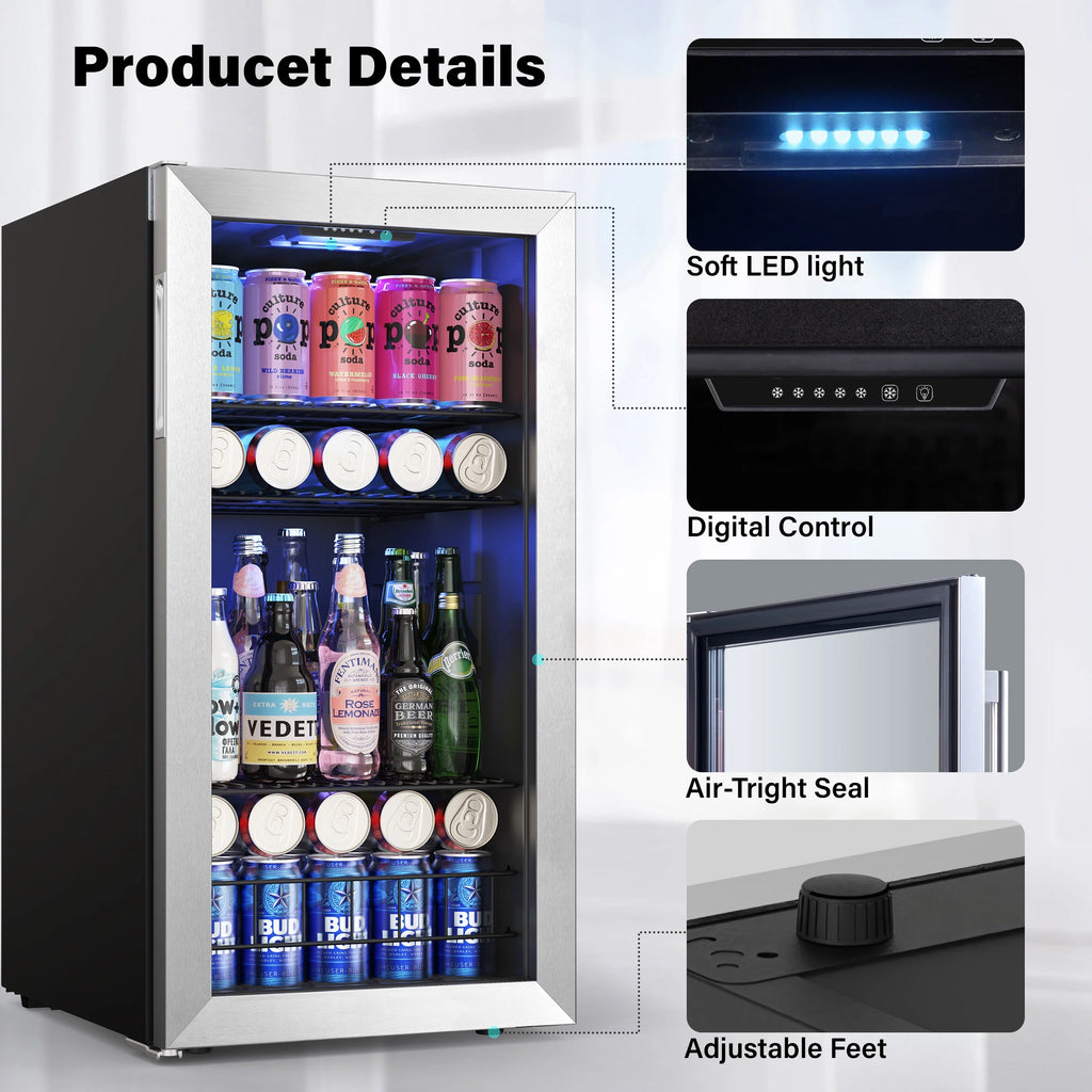 Freestanding Compact Mini Drink Fridge with Glass Door, 95-121 Can M508