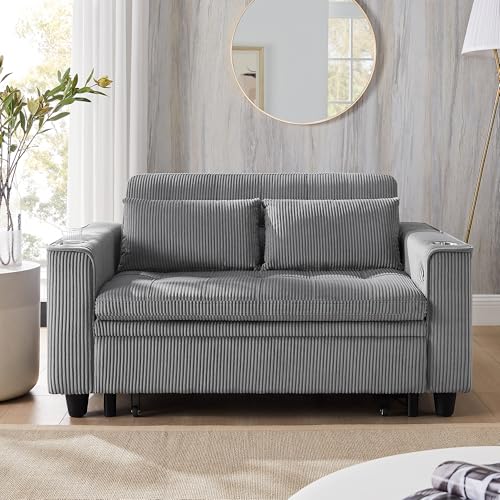 3 in 1 Convertible Sleeper Sofa Bed, Corduroy Pull Out Futon Couch with Charging Station & Cup Holder, Folding Loveseat Sofa Bed with Side Pocket, Light Grey W412