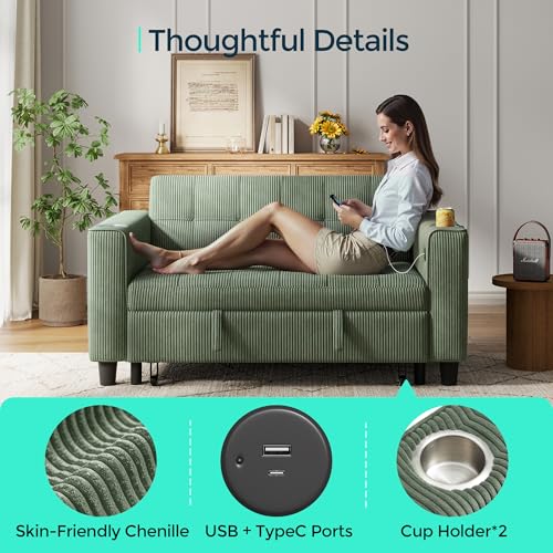 3-in-1 Convertible Sofa Bed with Charging Station, Green R3379