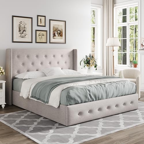 Full Size Lift Up Storage Bed with Wingback Headboard, Hydraulic Support, Light Beige P736605