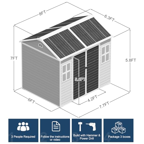 Outdoor Resin Storage Shed 8x4x6 FT with Floor, 2 Windows and Lockable Door Y450972