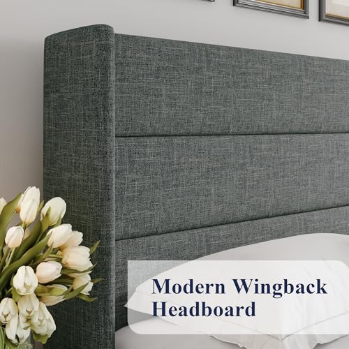 Full Size Lift Up Storage Bed with Wingback Headboard, Hydraulic Support, Light Beige P736605