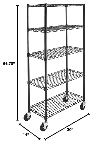 5-Shelf Adjustable Heavy Duty Storage Shelving Unit on Wheel Casters, Metal Wire Rack, Black A697
