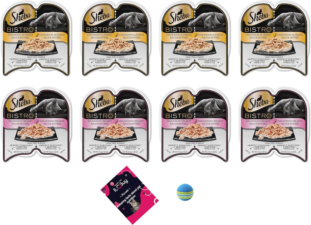 Sheba perfect portions Bistro wet cat food bundle. includes 02 Flavor, (04) Salmon Bistro and (04) Chicken Alfredo. Plus a Booklet and a foam cats toys ball. Pack of 08 Trays
