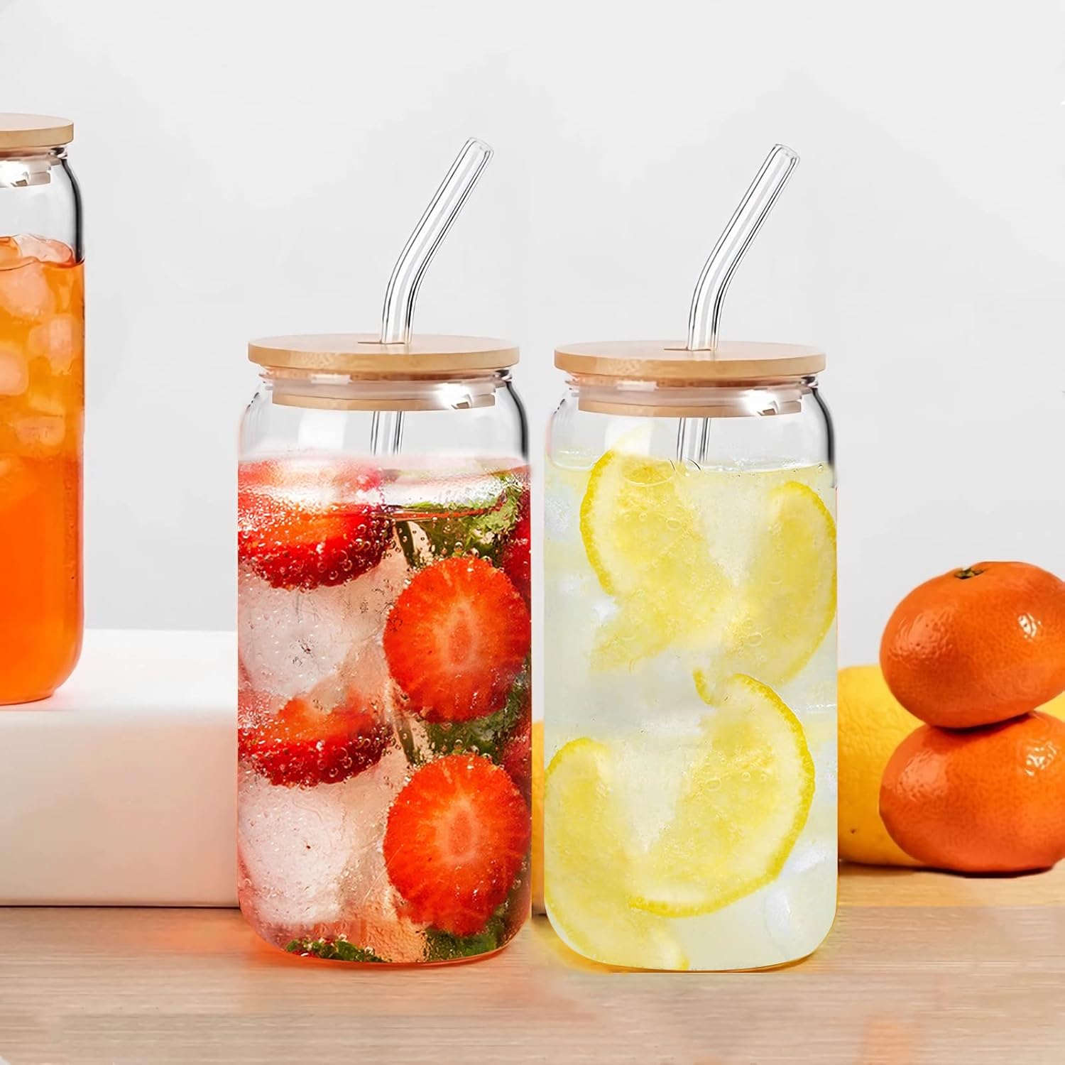 Glass Cups with Bamboo Lids and Straws 16 oz G304