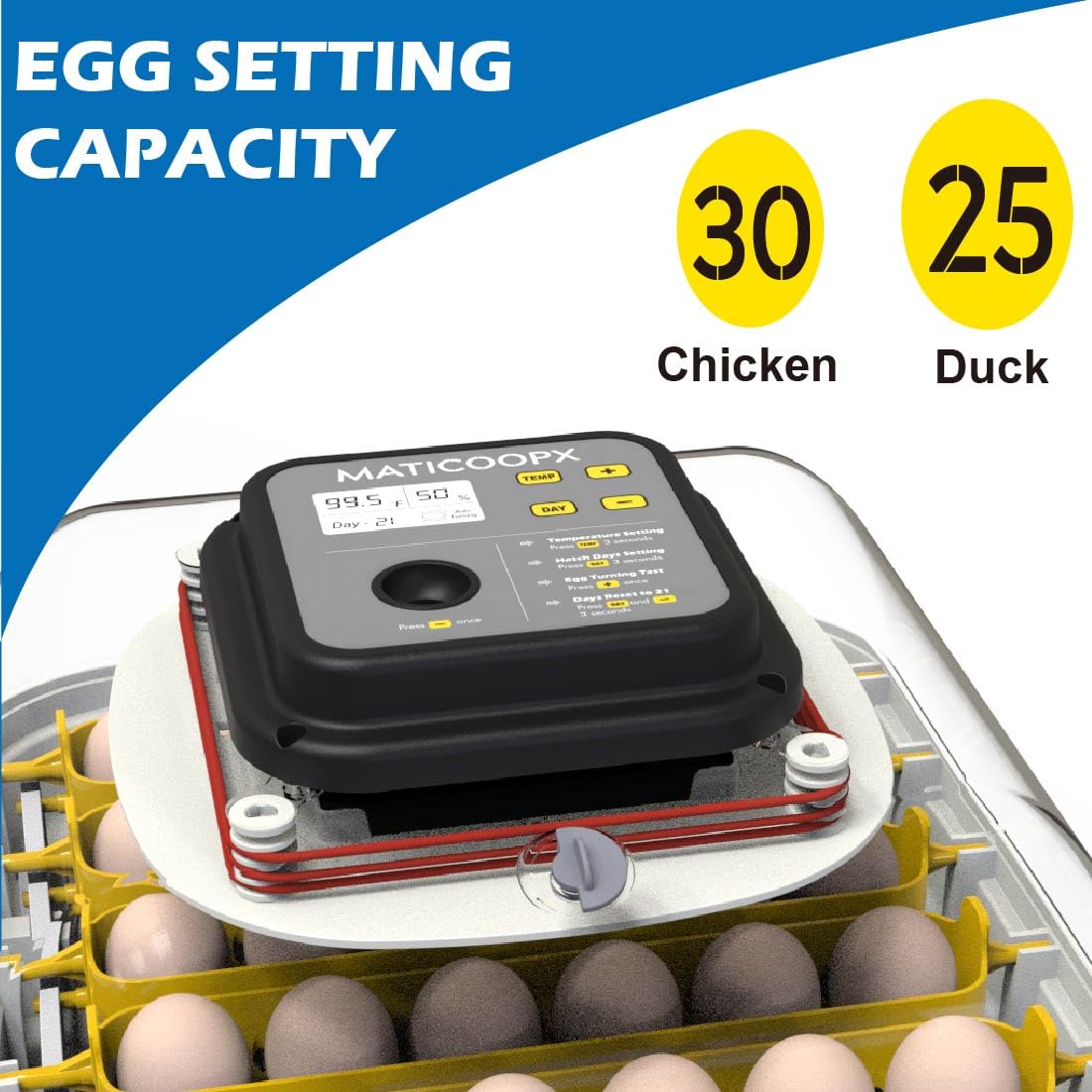 30 Egg Incubator with Humidity Display and Automatic Egg Turner D986