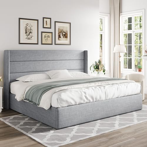 Full Size Lift Up Storage Bed with Wingback Headboard, Hydraulic Support, Light Beige P736605