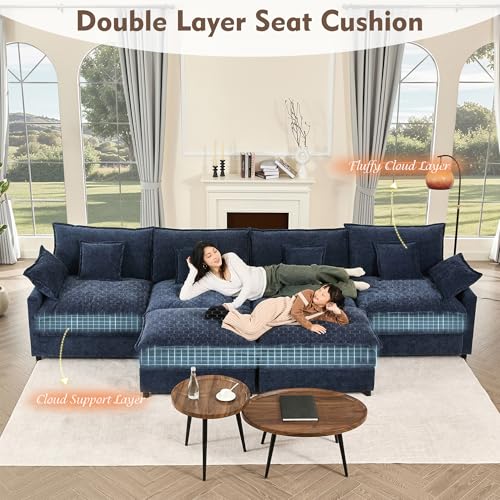 U Shaped Modular Sectional Sofa with Ottoman, Chenille, Black Z16537