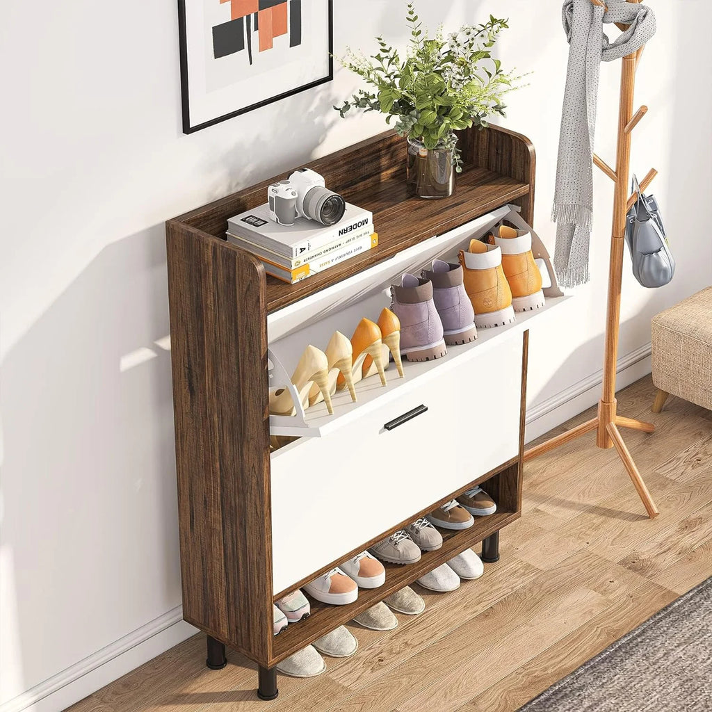 Shoe Cabinet, 2-Tier Entryway Shoe Organizer with Flip Doors and Open Shelves G295