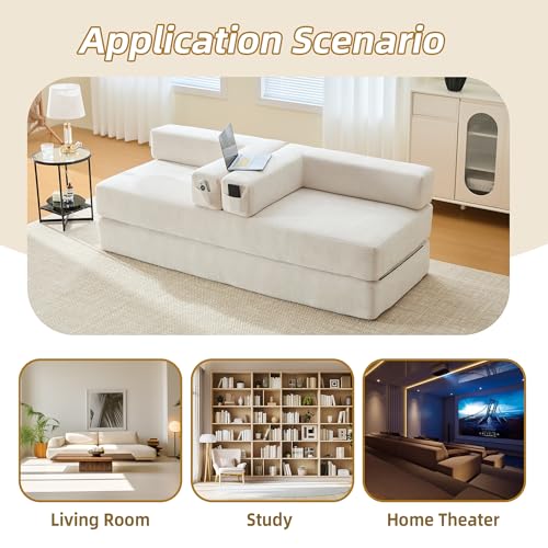 Corduroy Convertible Sleeper Sofa Bed with Pillow, Beige O72530