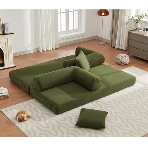 Corduroy Convertible Sleeper Sofa Bed with Pillow, Beige O72530