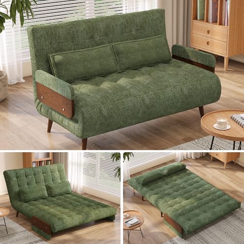 Convertible Chair Bed Sleeper for Adults, Linen with Wooden Arms & Pillows, Foldable Single Futon Sofa Bed Q683821