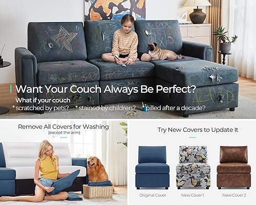 Modular Sectional Sofa with Storage, U Shaped Couch, Blue Y4358