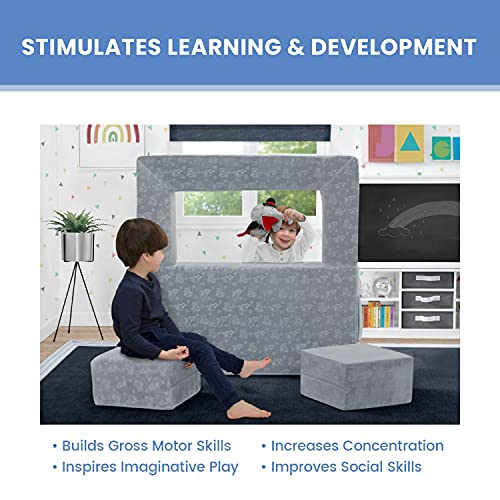 Convertible Sofa & Play Set for Kids and Toddlers with 2 Ottomans, Grey J8536