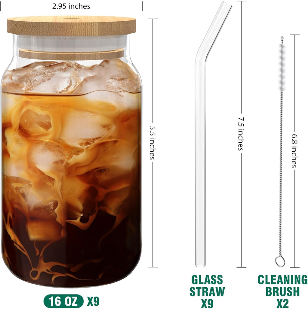 Bamboo Lid Drinking Glasses with Glass Straws, 16 oz, 9-Piece Set Y7260