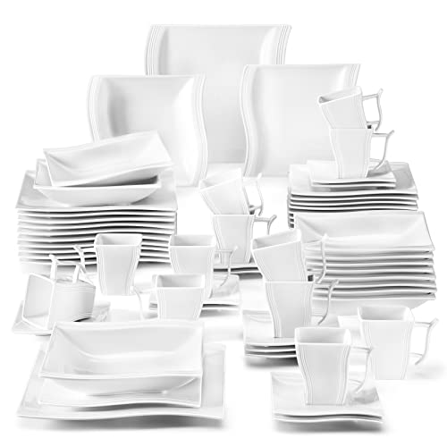 MALACASA Ivory White Dinnerware Sets, 60 Piece Kitchen Plates and Bowls Sets for 12, Porcelain Dish Set with Dinner Plates Set, Cups and Saucers, Square Dishes Dinnerware Set, Series Flora