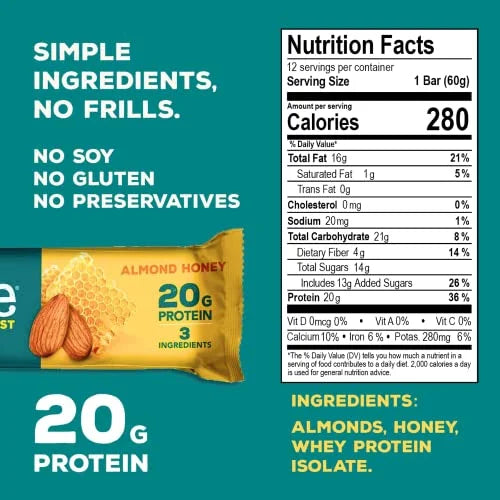 Almond Honey Protein Bars, 20g Protein, Gluten-Free, 12 Pack V8686
