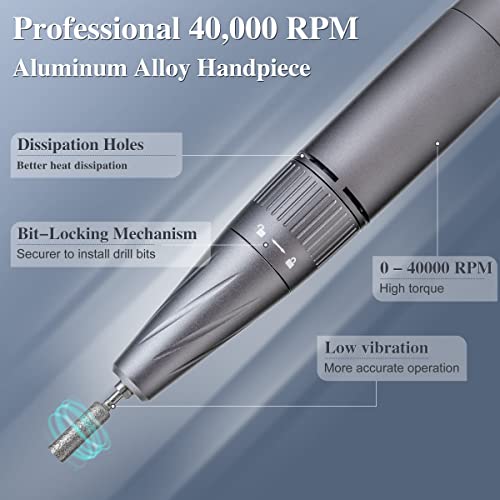 40000 RPM Nail Drill Machine for Acrylic and Gel Nails, Professional Electric Nail File with Light, Gray R73546