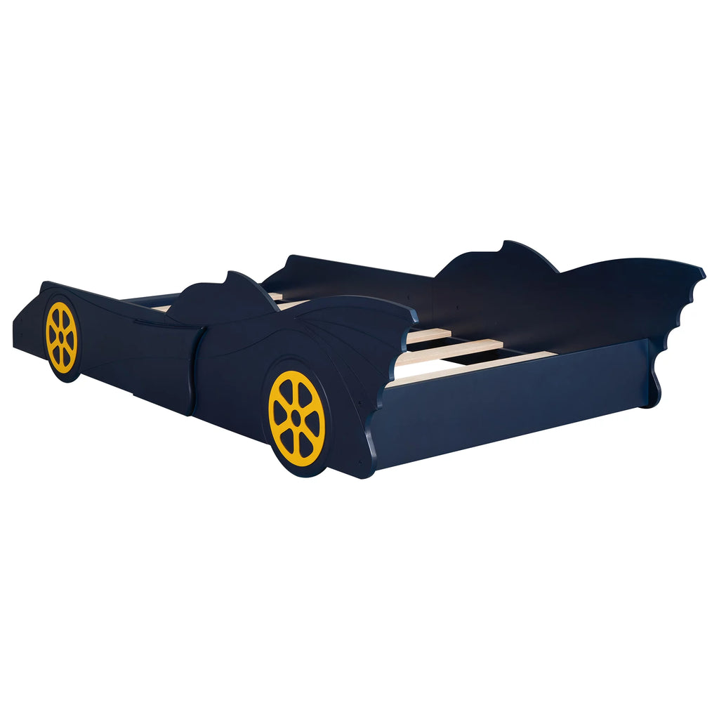 Race Car Shaped Twin Bed Frame with Wheels, Wooden Slats, No Box Spring Needed E72786